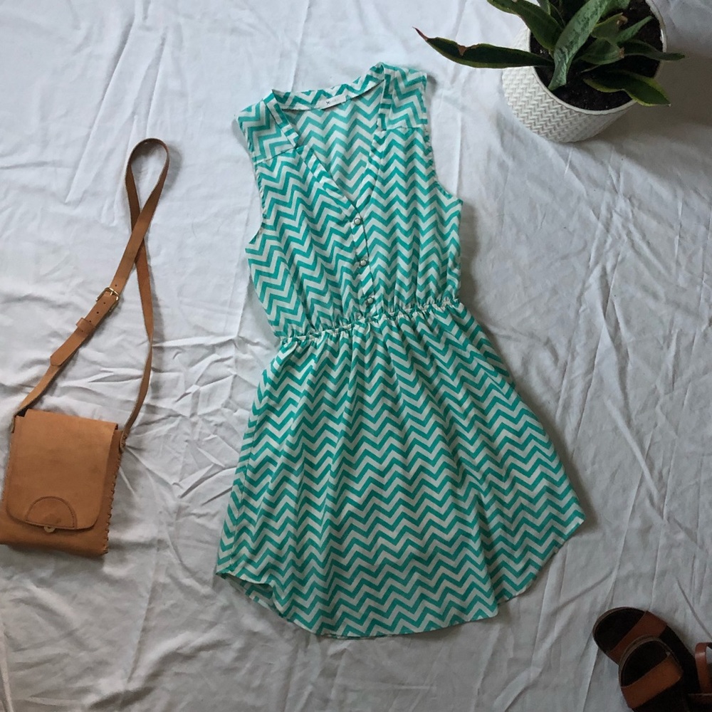 Curved-Hem Lined Chiffon Chevron Dress